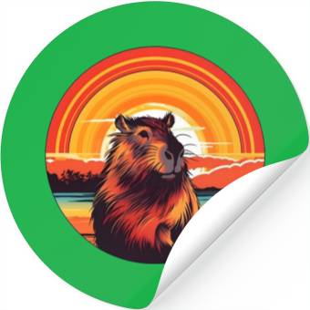 Discover Sunset Serenity: Rustic Capybara Stripe Illustrate Stickers