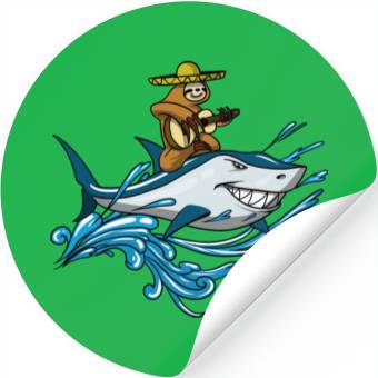 Discover Lazy Sloth With Guitar Riding Shark Stickers