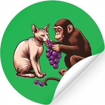 Discover Monkey feeds sphinx cat with grapes Stickers