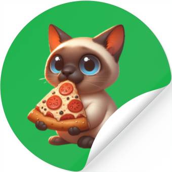Discover Siamese cat enjoying pizza Stickers