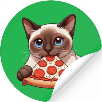 Discover Siamese cat enjoying pizza Stickers