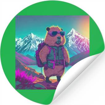 Discover Capybara hiking thru the Mountains Stickers