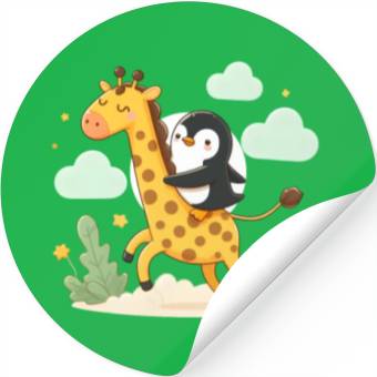 Discover Penguin rides giraffe Stickers