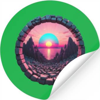Discover Synthwave Rocky landscape with Setting Sun Stickers