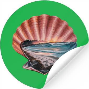 Discover Seashell Beach Scene Serene Ocean Landscape Stickers