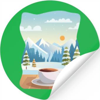 Discover Coffee Cup and Winter Mountain View Stickers