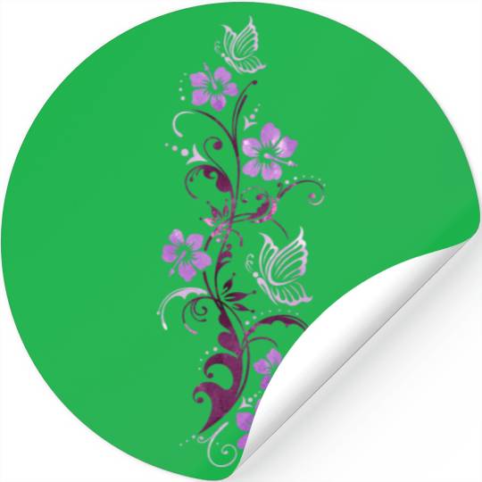 Tendril with hibiscus and butterflies, watercolor Stickers