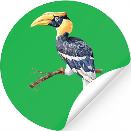 Watercolor Great Hornbill Bird on the Branches Stickers