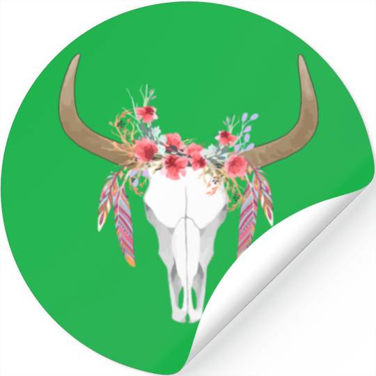 Floral Cow Skull With Feathers Bull Skull Stickers