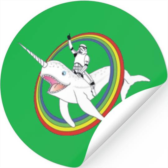 Spaceman riding narwhal through rainbow Stickers