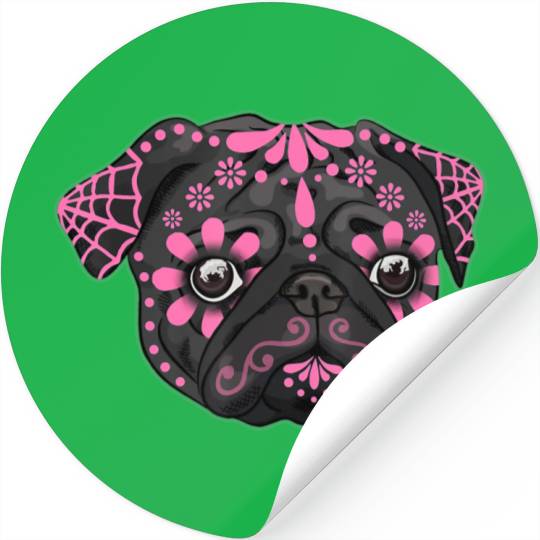 Black Pug Dogs Day of the Dead Sugar Skull Dog Stickers