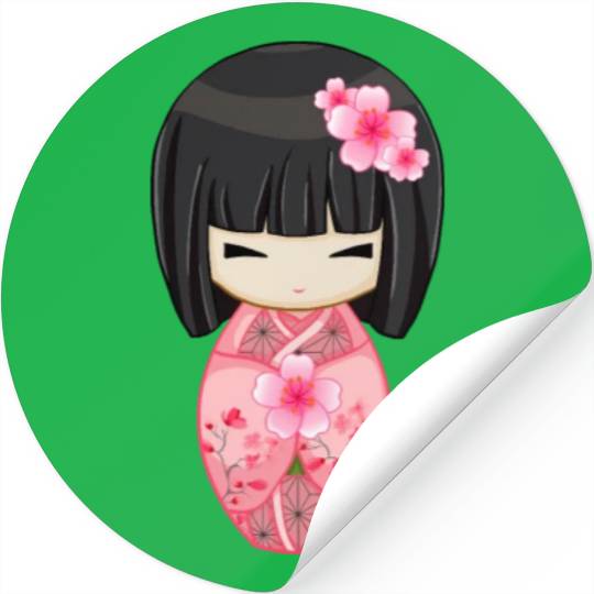 Cherry Blossom Geisha Japanese Kokeshi Doll Stickers