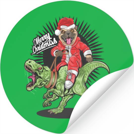 christmas santa claus pug dog riding rex dinosaur Stickers