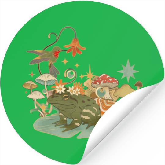 Cottagecore with frog, mushrooms and hummingbird Stickers