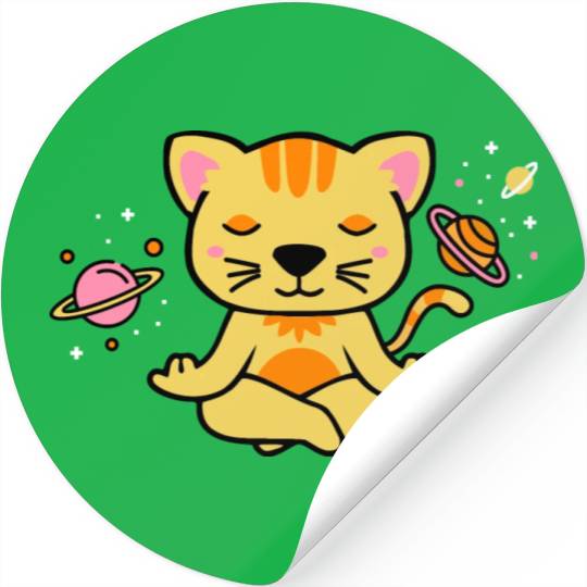 zen yoga cat space meditation planets stars Stickers