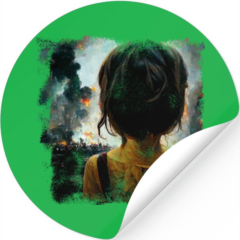 Kid in war looking at explosion 2 AI painting Stickers