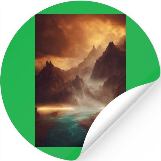 Mountains on a river mystery painting Stickers