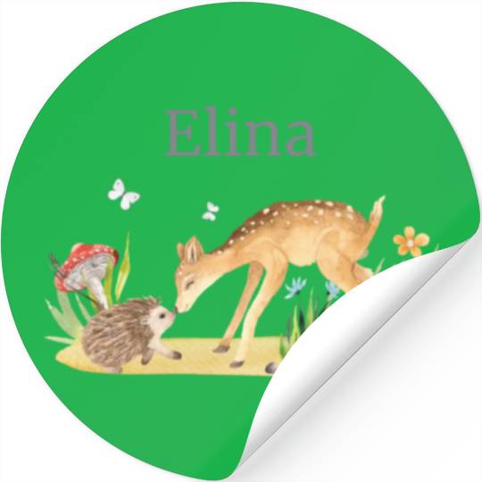 Forest Animal Deer Hedgehog Flowers Name Elina Stickers