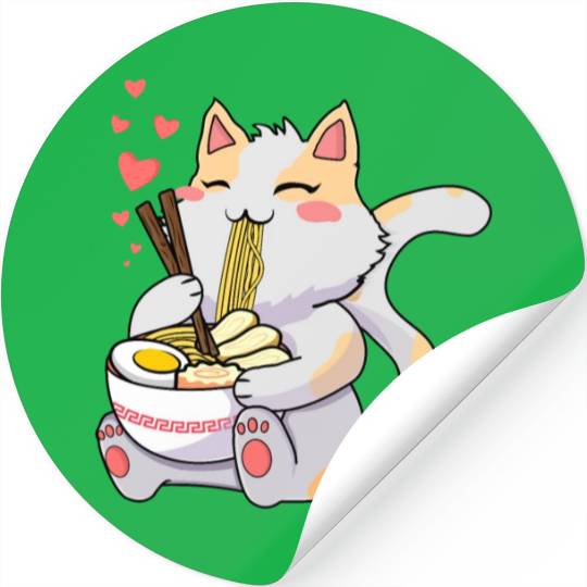 Funny Kawaii Cat Eating Ramen - Kawaii Neko Cat Stickers
