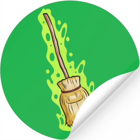 Magic Witch Broom With Green Shimmer Halloween Stickers