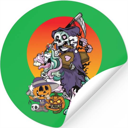 Unicorn Halloween Pumpkin Grim Reaper Stickers