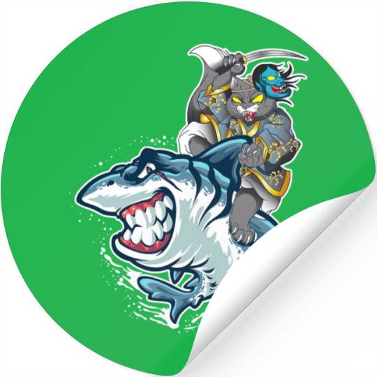 Cat Samurai Riding On Shark Stickers