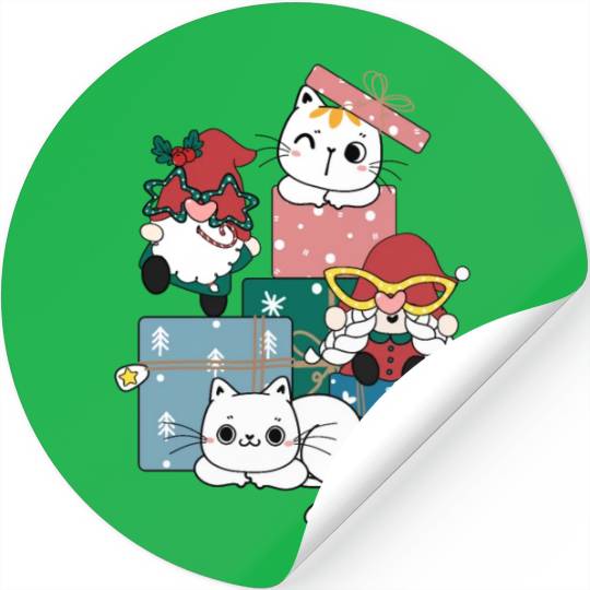 cute gnome and kitty cats on present gift box Stickers