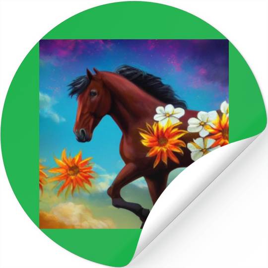 Brown horse with orange white flowers drawing Stickers