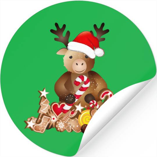 cute reindeer for christmas with santa hat Stickers