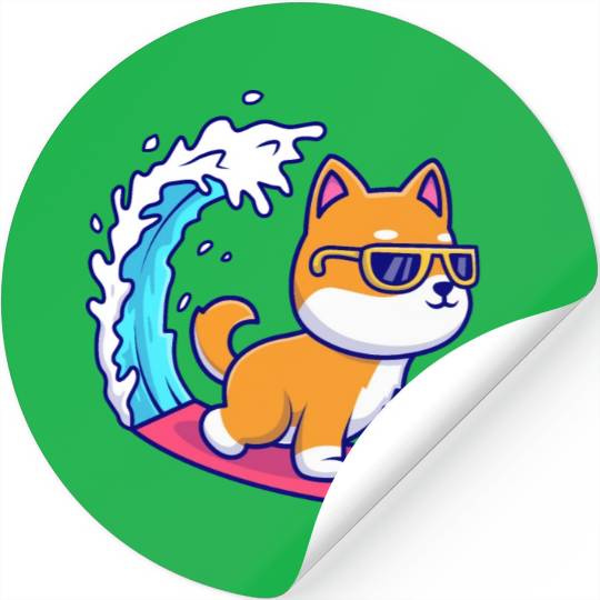 Cute Shiba Inu Dog Surfing in Sea Stickers