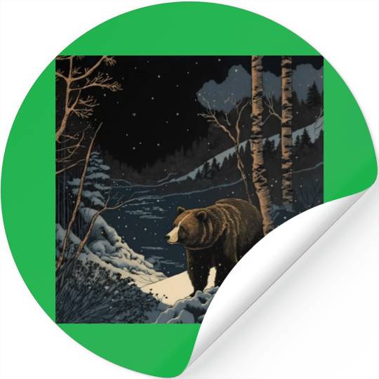 Ukiyo bear in forest landscape at night winter Stickers
