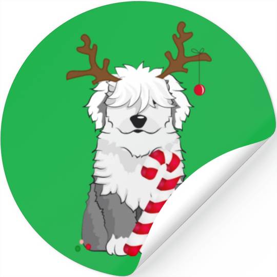 Bobtail dog with candy cane and reindeer antlers Stickers