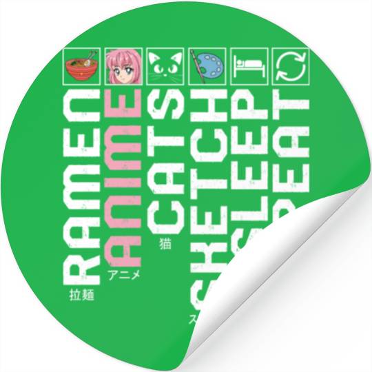 Ramen Anime Cats Sketch Sleep Repeat Stickers, Anime