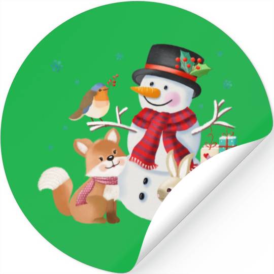 Snowman with fox, rabbit and robin Stickers