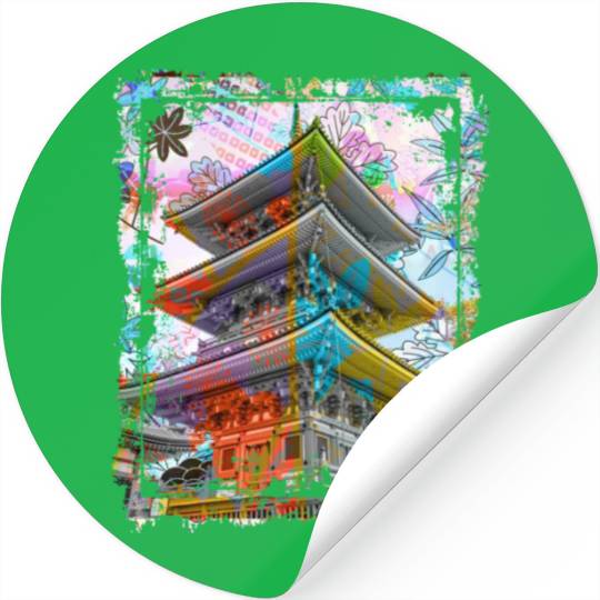 Japan Pagoda Cherry Blossoms Collage Art 70 Stickers