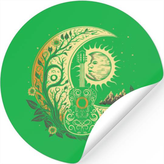 Cottagecore Acoustic Guitar With Moon, Sun, Stars Stickers