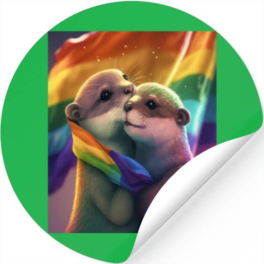 Hugging Otter Holding LGBT Flaglet Otter LGBT Stickers