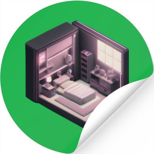 Isometric Voxel Bedroom - Synthwave Future Render Stickers