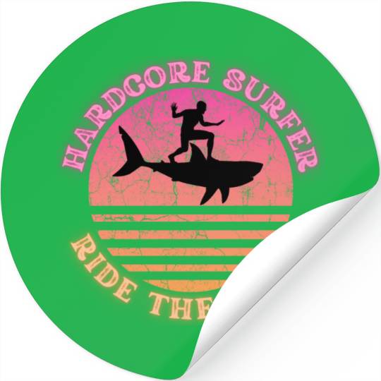 Hardcore Surfer Ride the Wave Shark Sunset Neon Stickers