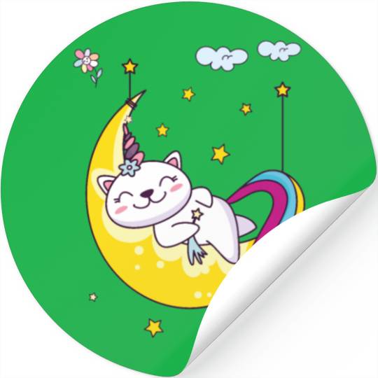 Unicorn pony cat on the moon, magic sleeping time Stickers