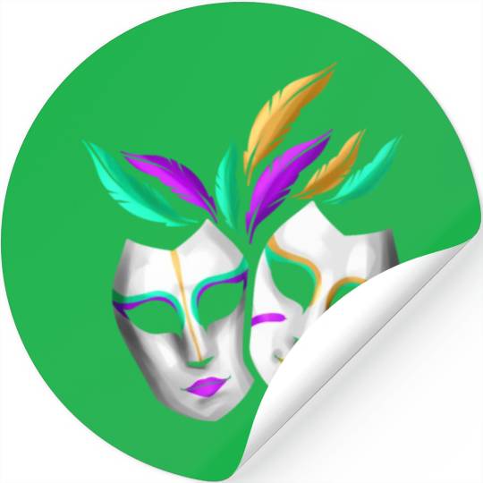 Pair Of White Masks With Feathers For Mardi Gras Stickers