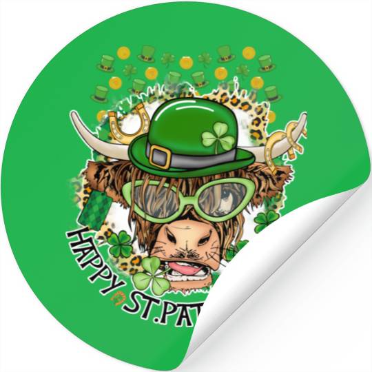Happy St. Patrick's Day, Funny Cow, Hat and Gold Stickers