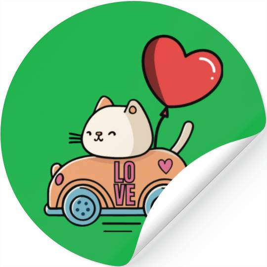 Cute cat in the love car, and love balloon Stickers
