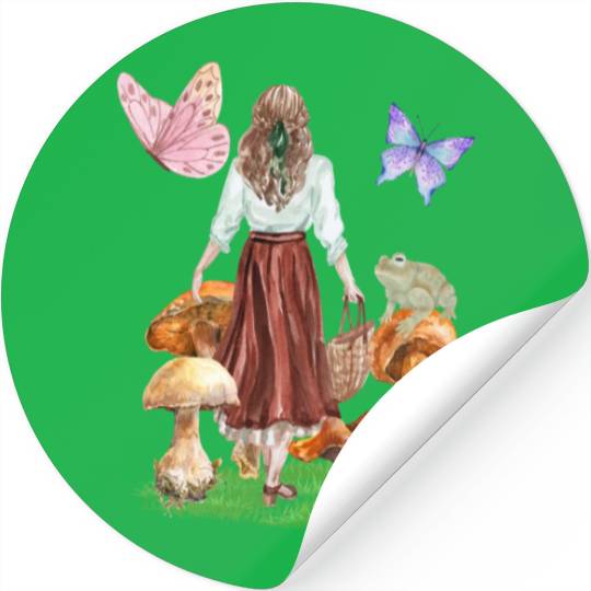 CottageCore girl mushrooms frog butterflies Stickers