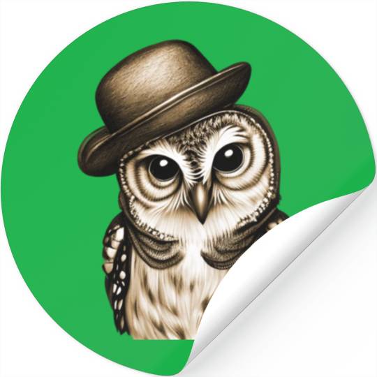 owl wearing derby hat - brown color Stickers
