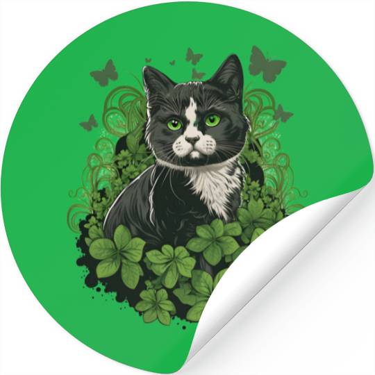 Black and white cat with ivy and butterflies Stickers