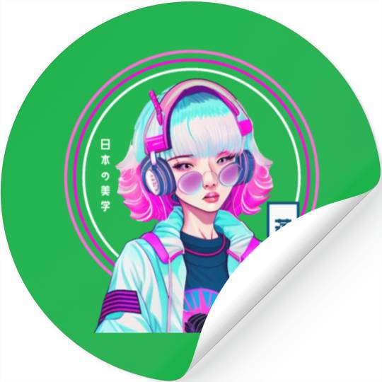 Japanese Vaporwave Gamer Girl Synthwave Aesthetic Stickers