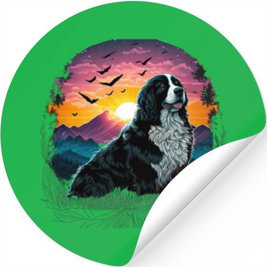 Bernese Mountain Dog with Mountain Sunrise view Stickers