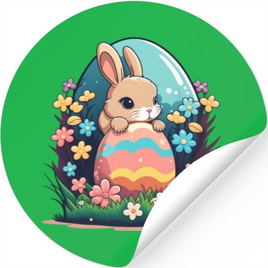 Easter magic: cheerful bunny next to colorful eggs Stickers