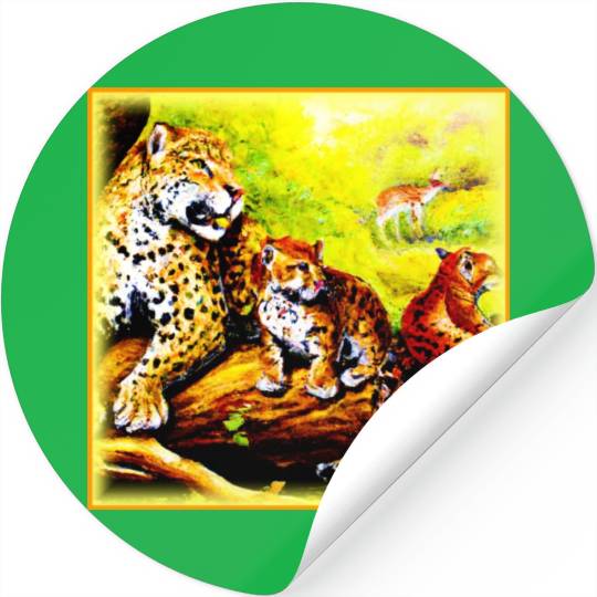 Jaguar Mom and Cubs Relaxing in Jungle. Buy Now Stickers